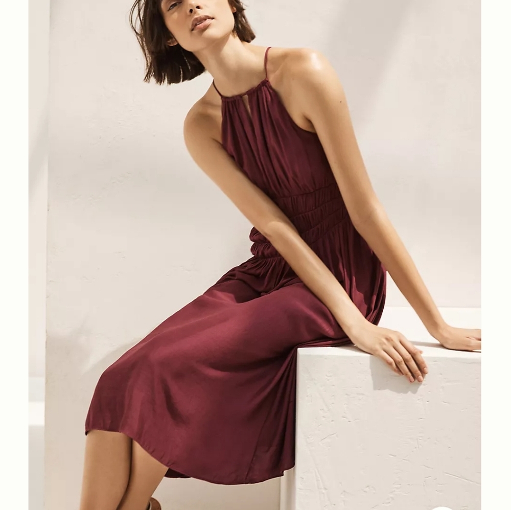Moulinette Soeurs x Anthropologie Smocked Halter Midi Dress Plum Wine Silky